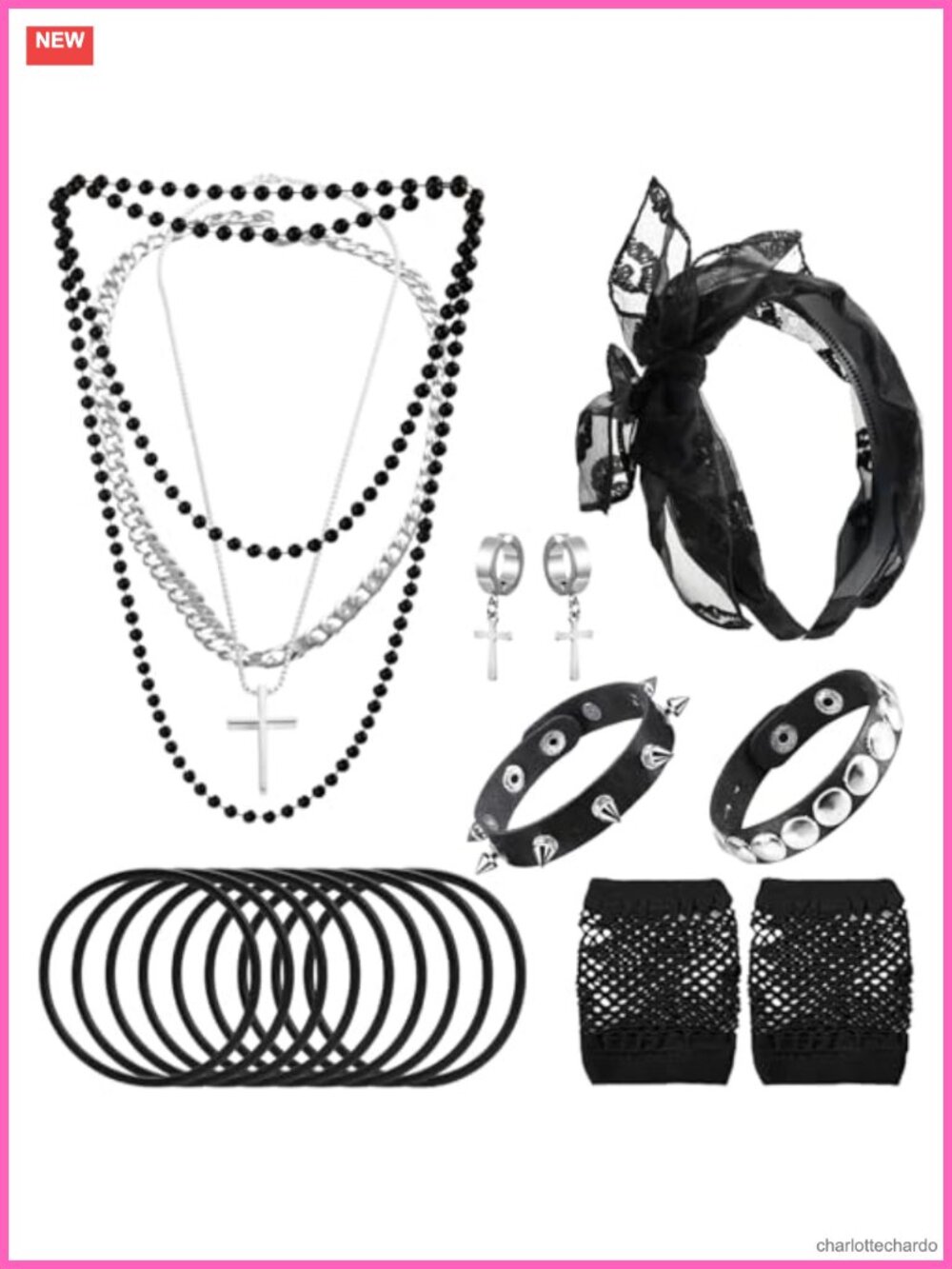 80s Costume Accessories Set for Women Lace Headband Fishnet Gloves Necklace